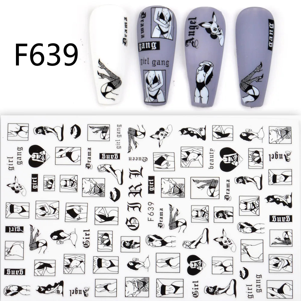 Black and White Love Flowers Line Art 3D Stickers Nail Decals Nail Art Accessories Butterfly Rose Nail Stickers Nail Sliders