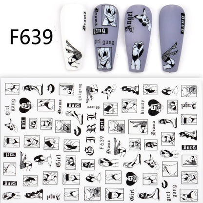 Black and White Love Flowers Line Art 3D Stickers Nail Decals Nail Art Accessories Butterfly Rose Nail Stickers Nail Sliders