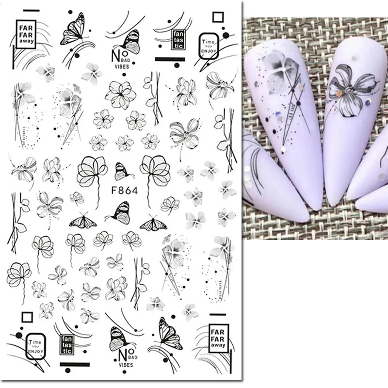 3d Nail Art Decals Spring Booming Violets Lavenders Purple Blue Pink Flowers Butterflys Stickers Decoration For Nail Tips Beauty