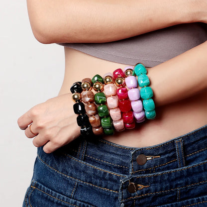 Acrylic Square Beads Elastic Bracelets for Women Boho Irregular Stone Shape Beaded Handmade Bracelet Bangle Retro Jewelry Gifts