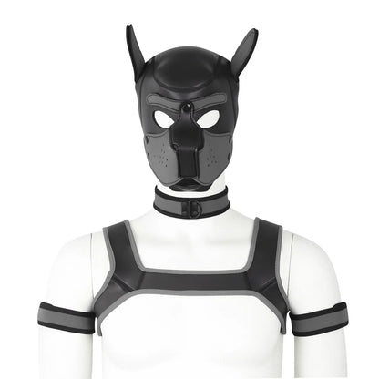 Large Size Puppy Cosplay Neoprene Fetish Hood Mask Kit with Chest Strap Collar Armband Sex Costumes for Bdsm Slave Role Play