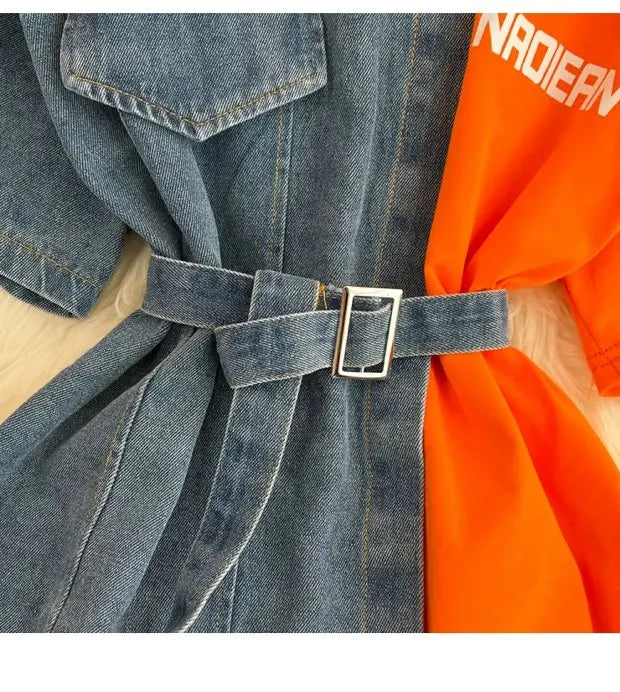 Retro Hong Kong Sle Chic Casual Mid-Length round Ne Patchwork Color Denim irt with Belt Spring New Women's Faion Top