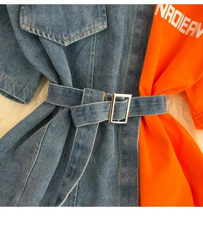 Retro Hong Kong Sle Chic Casual Mid-Length round Ne Patchwork Color Denim irt with Belt Spring New Women's Faion Top