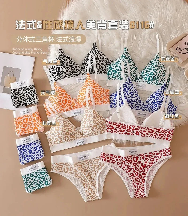 Summer New Women's Leopard Print Traceless and Steel Rim Bra Adjustable Shoulder Strap Back Women's Underwear Set