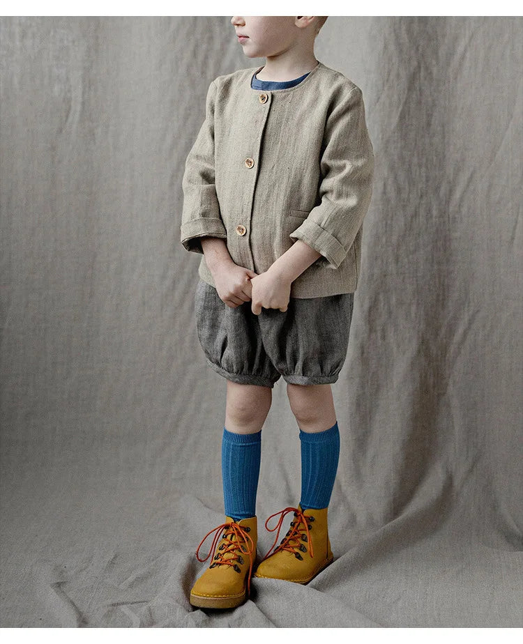 Spring Thin Retro Linen Jacket Children 2026 New Solid Color Single-Breasted Cardigan Casual Long-Sleeved Boys And Gilrs Coats