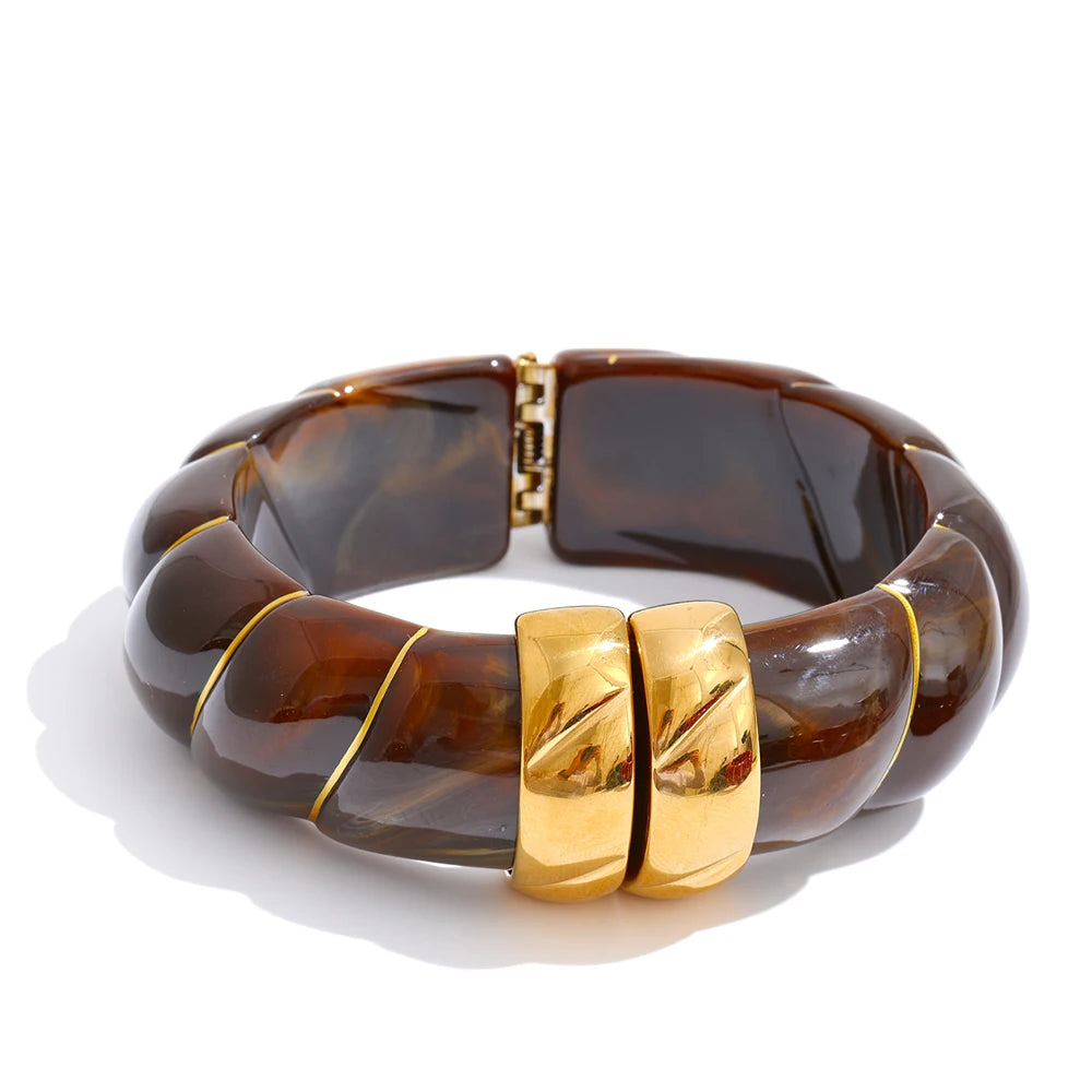 Yhpup Exclusive Multi-Color Acrylic Resin Wide Statement Bracelet Bangle Stainless Steel Autumn Winter Sweater Wrist Jewelry