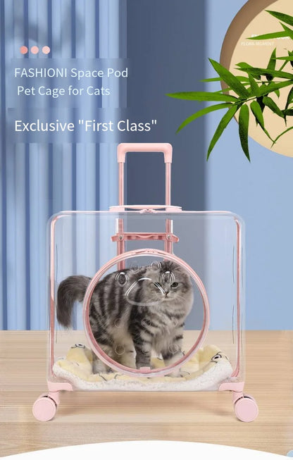 Pet Pull-Along Cart Cat Carrier, Large Capacity for Two Cats, Transparent Travel Trolley for Medium Dogs, Outdoor Pet Luggage