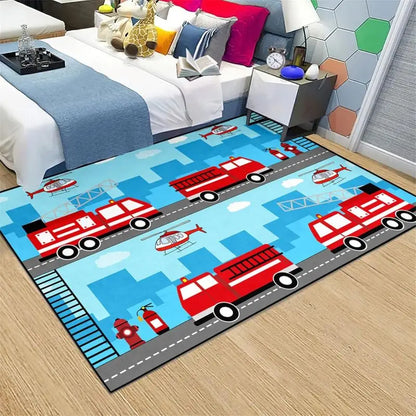 Construction Car Print Area Rug Washable Carpets for Kids Bedroom Living Room Kitchen Entrance Mat Non Slip Flannel Mats