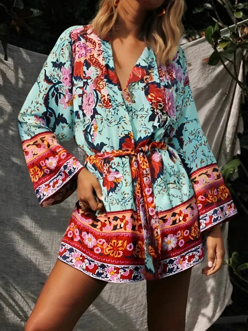 Boho Queens Vintage Peacock Floral Print Sashes Beach Kimono Women Bohemian Wrap Batwing Sleeves Holiday Bikini Cover-ups