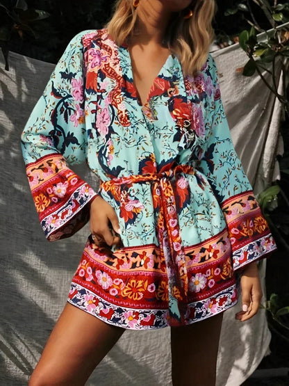 Boho Queens Vintage Peacock Floral Print Sashes Beach Kimono Women Bohemian Wrap Batwing Sleeves Holiday Bikini Cover-ups