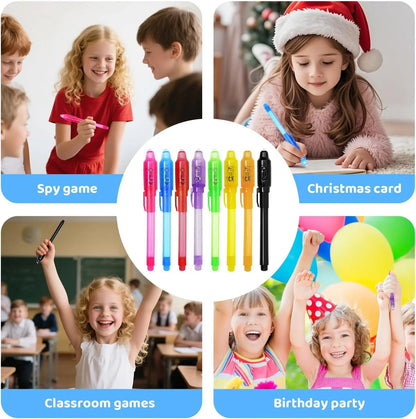 Invisible Ink Pens with UV Light,8 Colors Glow ,Secret Message Writing Detective Party Favors, Birthday Christmas