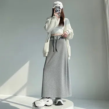 Women Spring Autumn Sports Maxi Skirt High Waist Drawstring A Line Straight Split Draped Casual Sweat Long Skirt