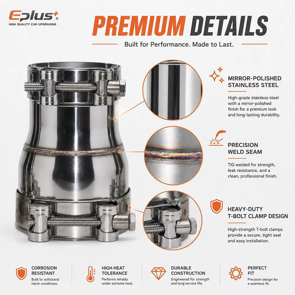 EPLUS Car Motorcycles Stainless Steel Exhaust Pipe Straight Reducer Adapter Pipeline Universal No-Weld Installation Connector