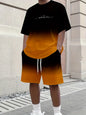 Summer Gradient Color Athletic T-Shirt and Shorts Set Stylish Men's Quick-Dry Athletic Short-Sleeve Top with Drawstring Shorts