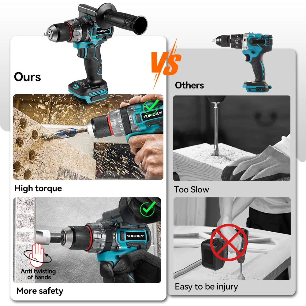 YOFIDRA 700N.M Brushless Electric Impact Drill Cordless Screwdriver Plates Soil WoodWorking Power Tool For Makita Battery Pin
