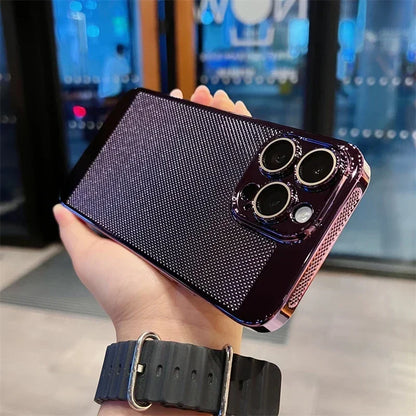 Luxury Plating Hollowed Out Case for iPhone 17 Pro 16 15 14 Pro Max Plus 13 12 Mini 11 17Air Heat Dissipation Shockproof Cover