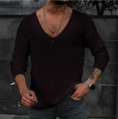 New 2026 Men's Casual Long Sleeve Knitted Sweaters Tops Solid Fashion Pullover Tops For Men Harajuku V-neck Streetwear Jumper
