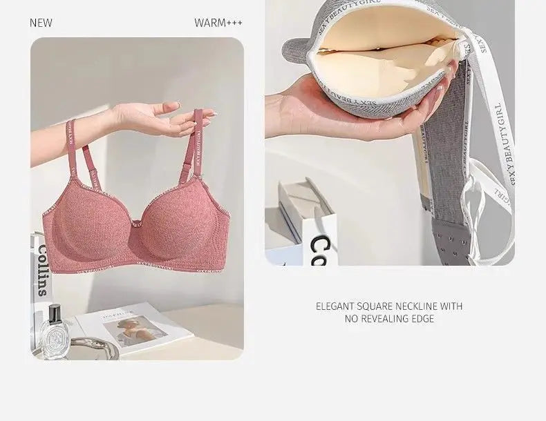6cm Thickened Push-Up Bra for Small Chest Wireless No Steel Ring Letter Print Adjustable Straps Anti-Slip Pads Seamless Lingerie