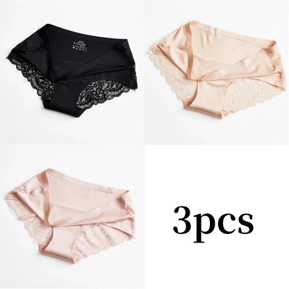 3pcs Lace Women's Panties French Seamless Underwear Female Ice Silk Briefs Solid Color Breathable Underpants Lingerie