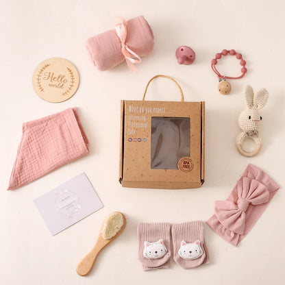 Newborn Bath Set Baby Towel Cotton Blanket Pacifier Chain Bracelet Crochet Rattle Toy Newborn Birth Bath Towel Gift Box
