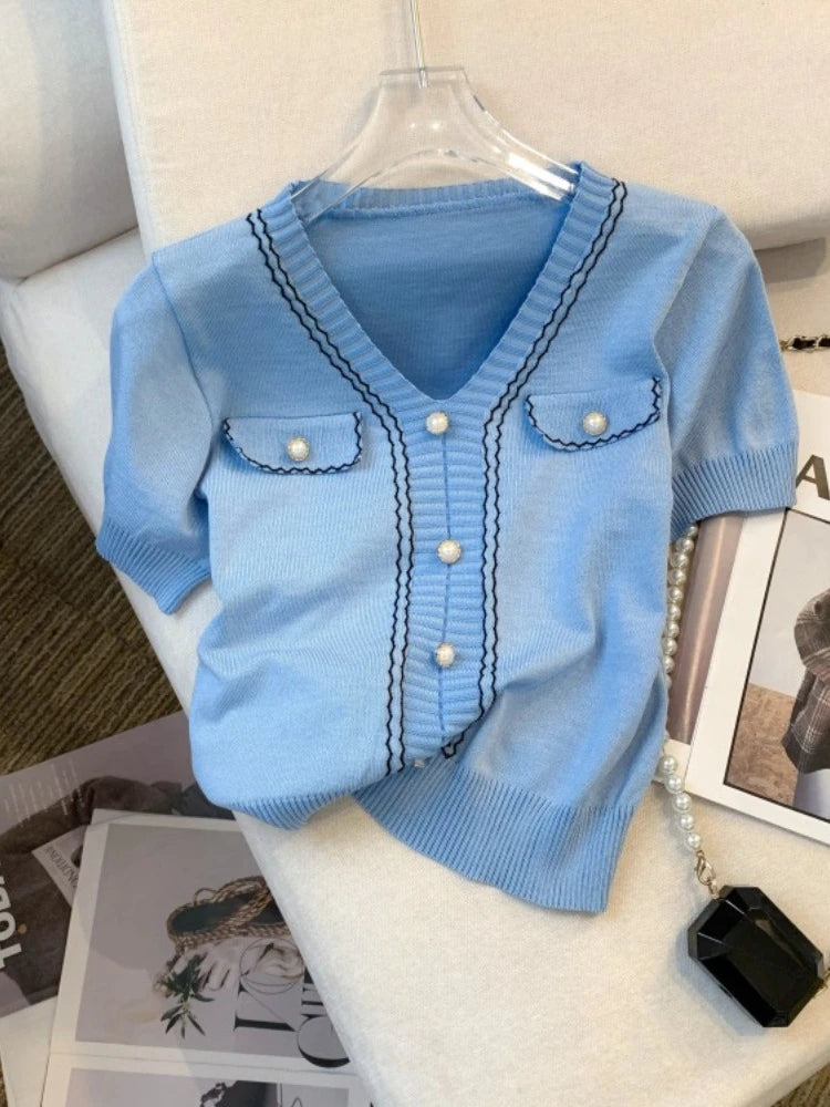 Women'S Casual Summer Top Pink Knit V-Neck with Button Details All-Season Style Casual Wear Vneck Top Knit Texture Crop Top