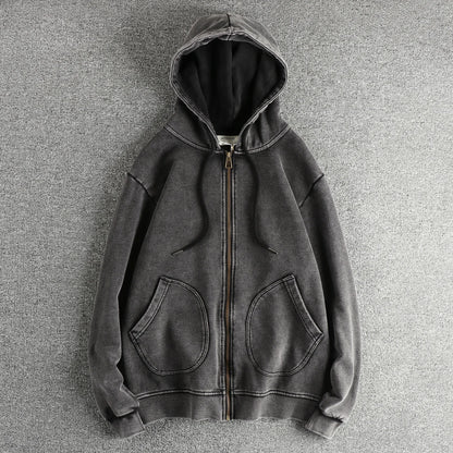Heavy wash vintage high street trend hoodie men's chunky wool cotton comfort cardigan coat