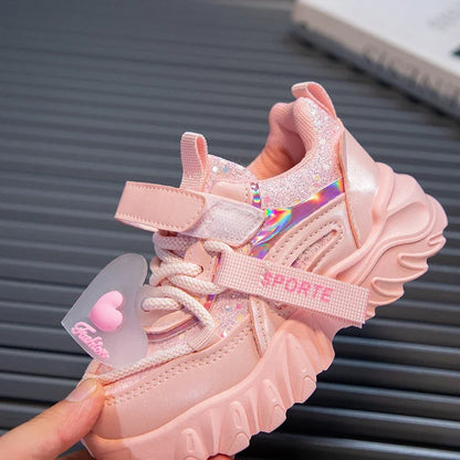 Girls Sports Shoes Kids Running Sneakers for School Fashion Cute Shiny Non-slip Children's Casual Shoes with Heart Spring Autumn