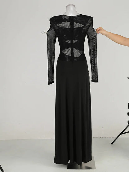 Sexy Hollow Out High Side Split See Through Mesh Long Sleeve Maxi Dress Luxury Brithday Prom Gown Party Club Fashion Dresses
