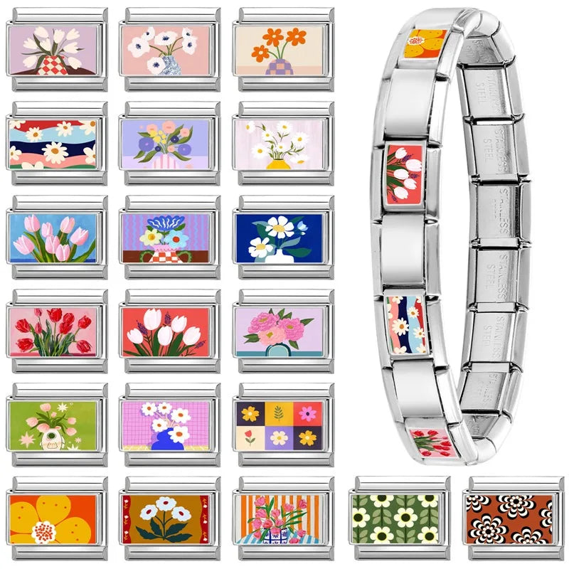 2025 Women's Fashion Colorful Flowers Oil Painting Style Series Italian Charms Fit 9mm Stainless Steel Bracelet DIY Jewelry Gift