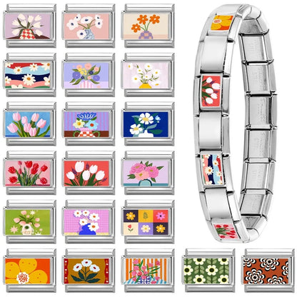 2025 Women's Fashion Colorful Flowers Oil Painting Style Series Italian Charms Fit 9mm Stainless Steel Bracelet DIY Jewelry Gift