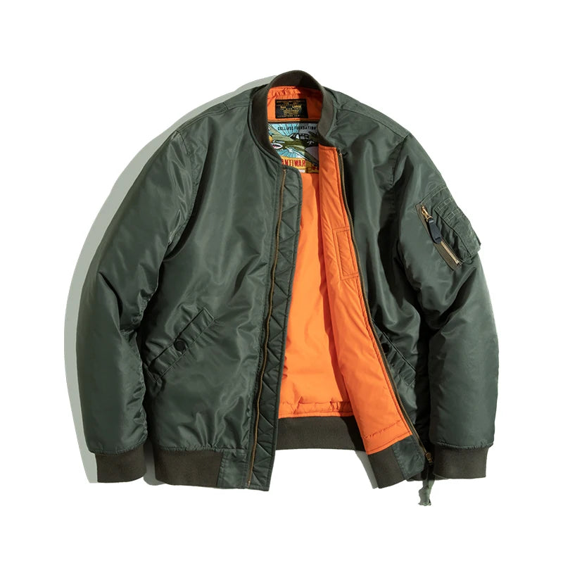 Maden Vintage MA1 Pilot Jacket Green Thickened Cotton-padded Jacket Casual Baseball Pockets Flight Zipper Outwear for Men's Fall
