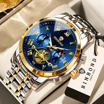 BINBOND Chronograph Men's Watches Accurate Quartz Watch For Men Luxury Luminous Waterproof StopWatch Durable Reloj