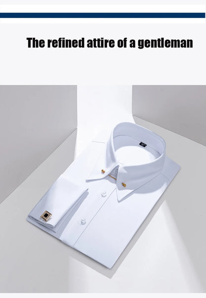 Embroidered French Cufflinks Men's Long-Sleeve Shirt with Collar Pins, Big Collar Dress Shirt for Business Formal Wear, Gentlema