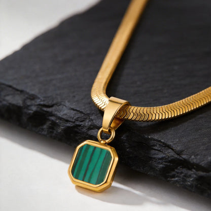 Vnox Geometric Square Natural Stone Pendant Necklace for Men, Gold Silver Color Stainless Steel Blade Chain, Trendy Jewelry Gift