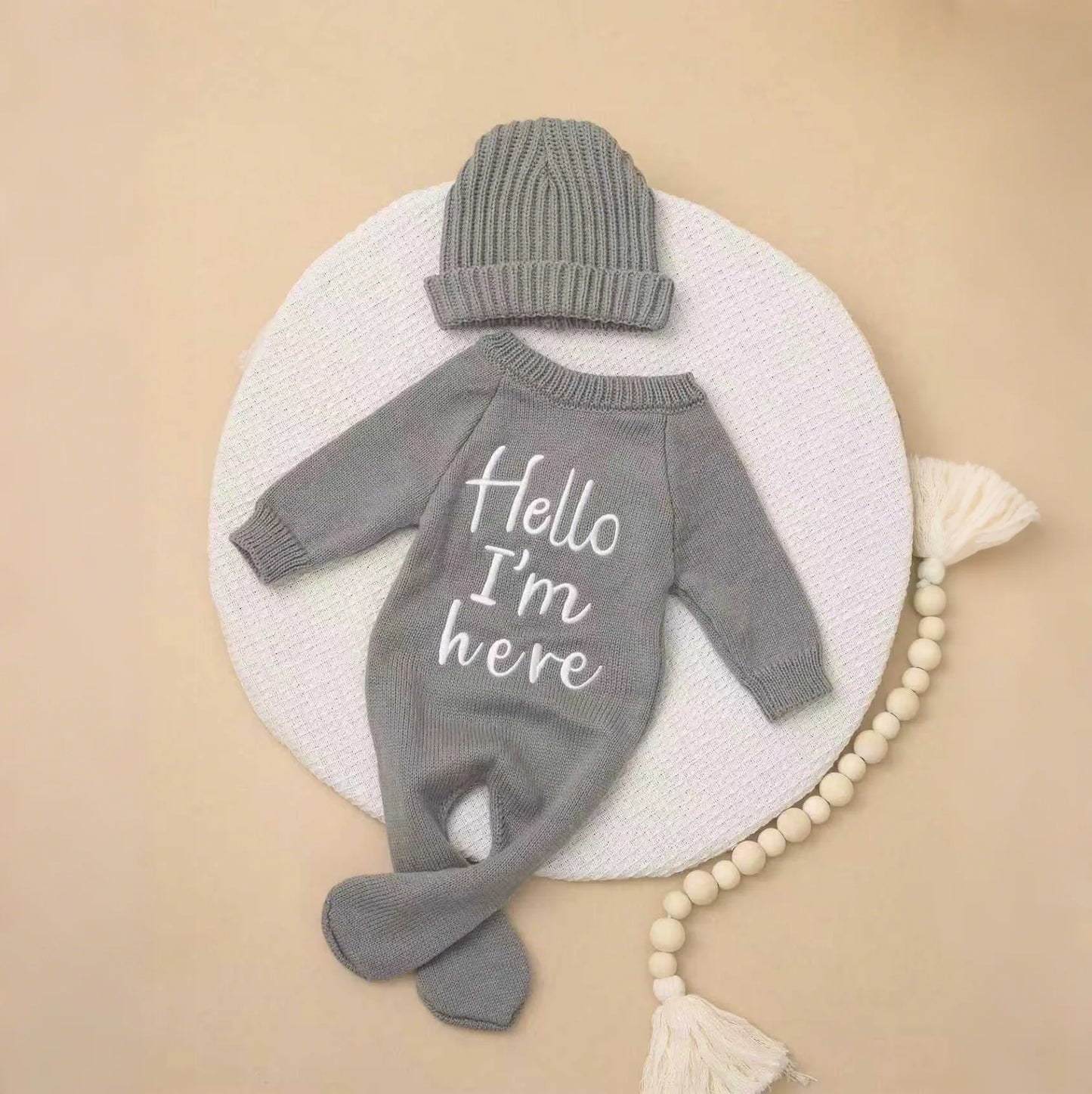 Ylsteed "Hello" Embroidery Knitting Newborn Birth Announcement Outfits Footed Jumpsuit Baby Boy Girl Photography Props Newborn