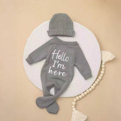 Ylsteed "Hello" Embroidery Knitting Newborn Birth Announcement Outfits Footed Jumpsuit Baby Boy Girl Photography Props Newborn