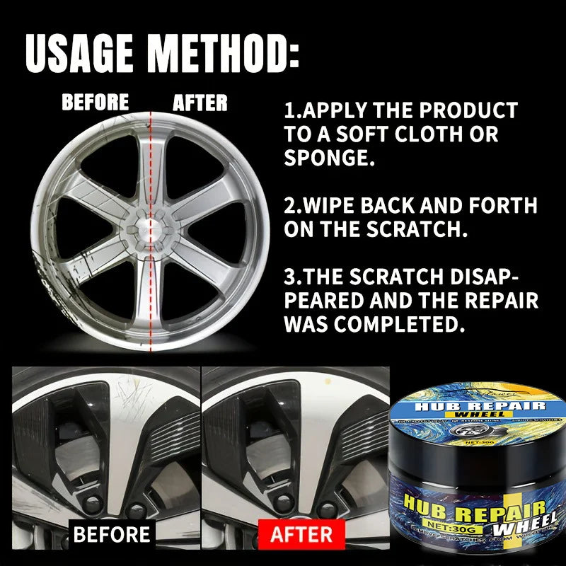 Universal Car Wheel Hub Repair Paste 30g - Scratch, Fade Removal for Aluminum Alloy & Chrome Rims, Polishing Wax for Black, Whit