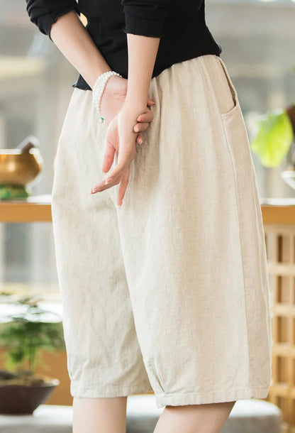 Johnature Women Solid Color Linen Casual Shorts 2025 Summer New Elastic Waist Striped Shorts