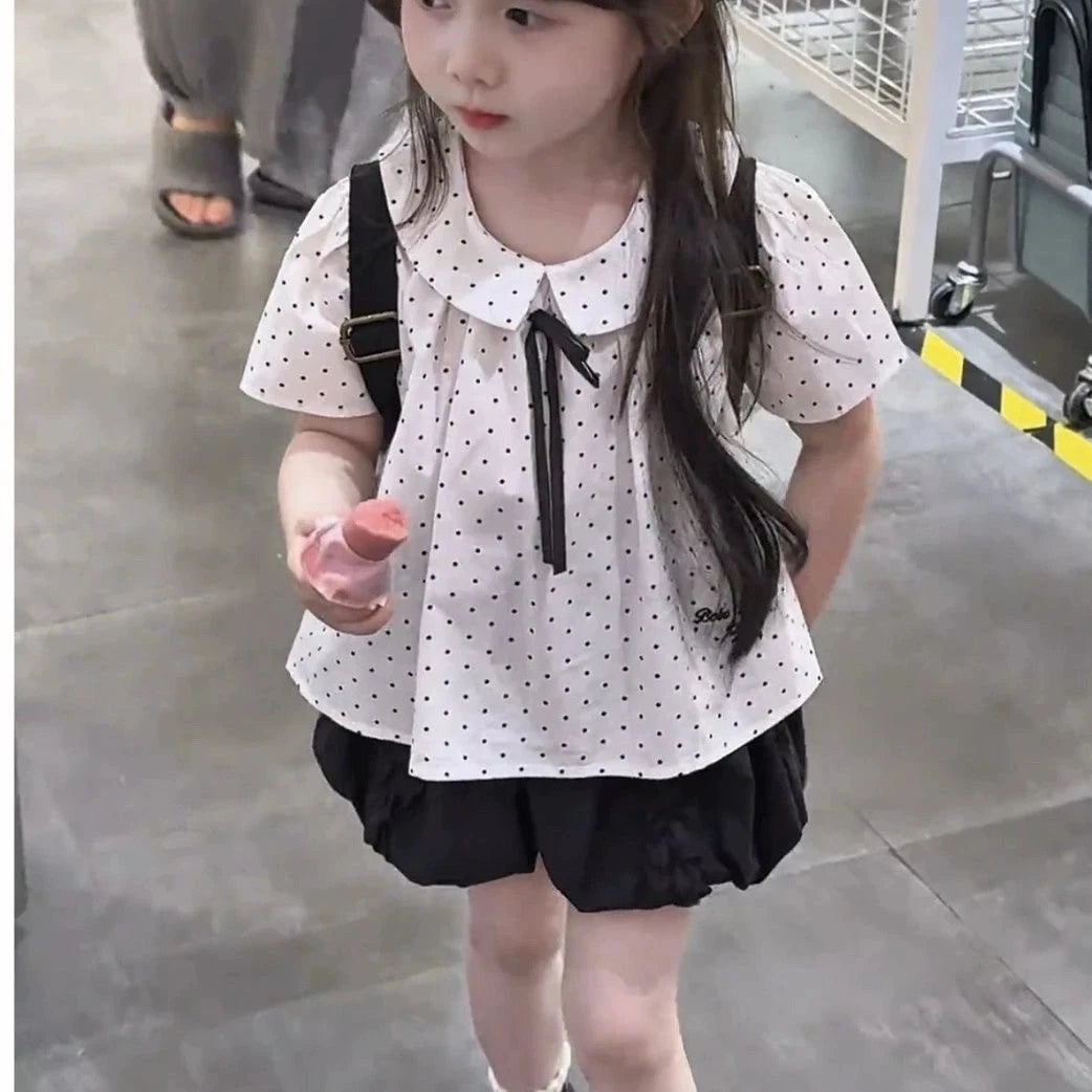 2025 Summer New Children Clothing for Girls Children Turn-down Collar Top for Girls Casual Short Sleeved Polka Dot T-shirt