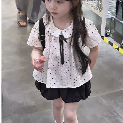 2025 Summer New Children Clothing for Girls Children Turn-down Collar Top for Girls Casual Short Sleeved Polka Dot T-shirt