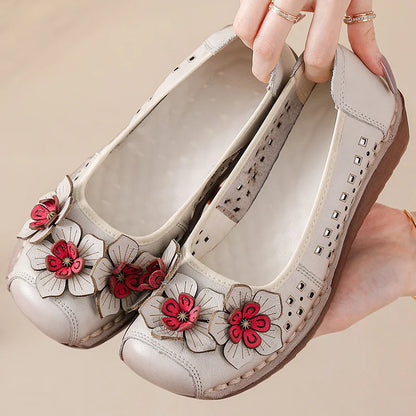 Vintage Flower Moccasins Woman Genuine Leather Ballet Flats Ladies Hollow Slip Ons Women's Luxury Loafer Purple Walking Shoes 42