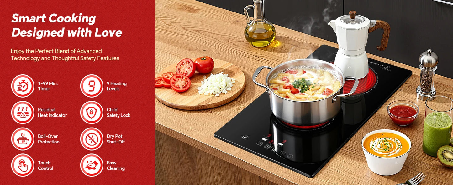 2-Zone Ceramic Hob, 3000W with Child Lock, 9 Heat Levels, 1-99min Timer, Black (CE Certified)
