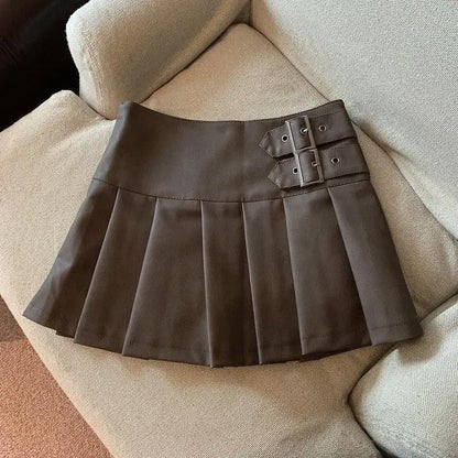 S-3XL Y2K Pu Leather Mini Skirts Women Streetwear High Waist Pleated Skirt Vintage Korean Black Slim Casual A Line Skirts