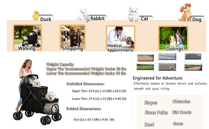 Dual‑Layer Pet Stroller Foldable Travel Dog Cat Cart Breathable Mesh Wagon with Cup Holder Storage Bag for Small Animals