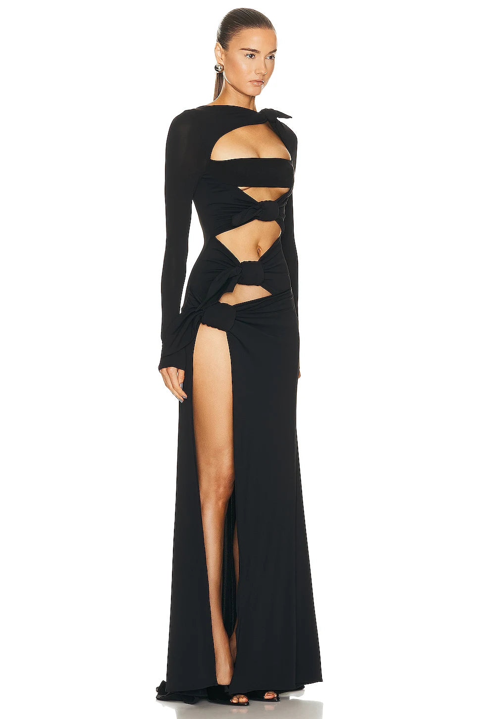 Sexy Hollow Out High Side Split See Through Mesh Long Sleeve Maxi Dress Luxury Brithday Prom Gown Party Club Fashion Dresses