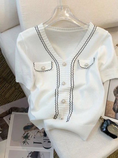 Women'S Casual Summer Top Pink Knit V-Neck with Button Details All-Season Style Casual Wear Vneck Top Knit Texture Crop Top
