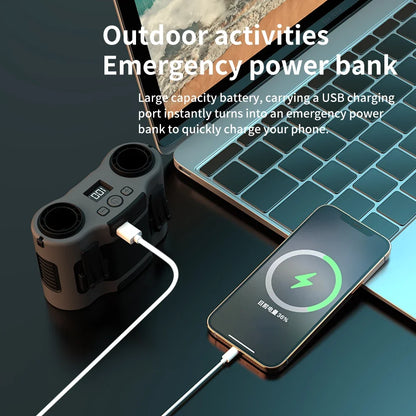 25000mAh Outdoor Waist Clip Fan Handheld Hanging Neck Fan 5-Speed Strong Wind Dual Air Vents USB Rechargeable Power Bank