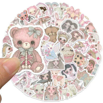 50PCS Pink Creepy Girl Stickers Gothic Horror Decals Bizarre Graffiti Art for DIY Decoration