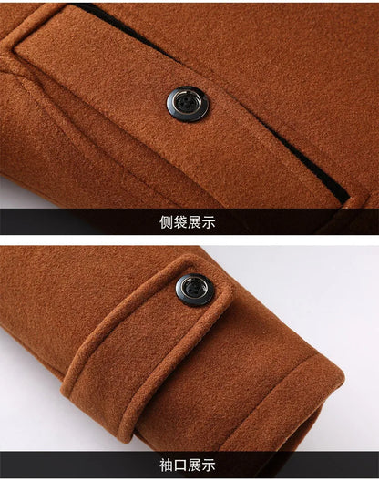 Autumn Winter Double Collar Woolen Coats Men Thick Business Casual Wool Blends Trench Coat Male Solid Turn Down Collar Outerwear