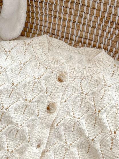 New Baby Girl Autumn Sweater Coat Hollow Knitted Air Conditioner Set Solid Cardigan Shorts Two Piece Set
